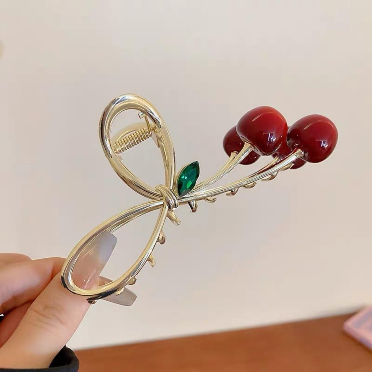 AWAYTR 2Pcs/Set Elegant Cherry Hair Claw Clips for Thick or Thin Hair Alloy Hair Clips Shark Clips Women's Fashion Hair Accessorie