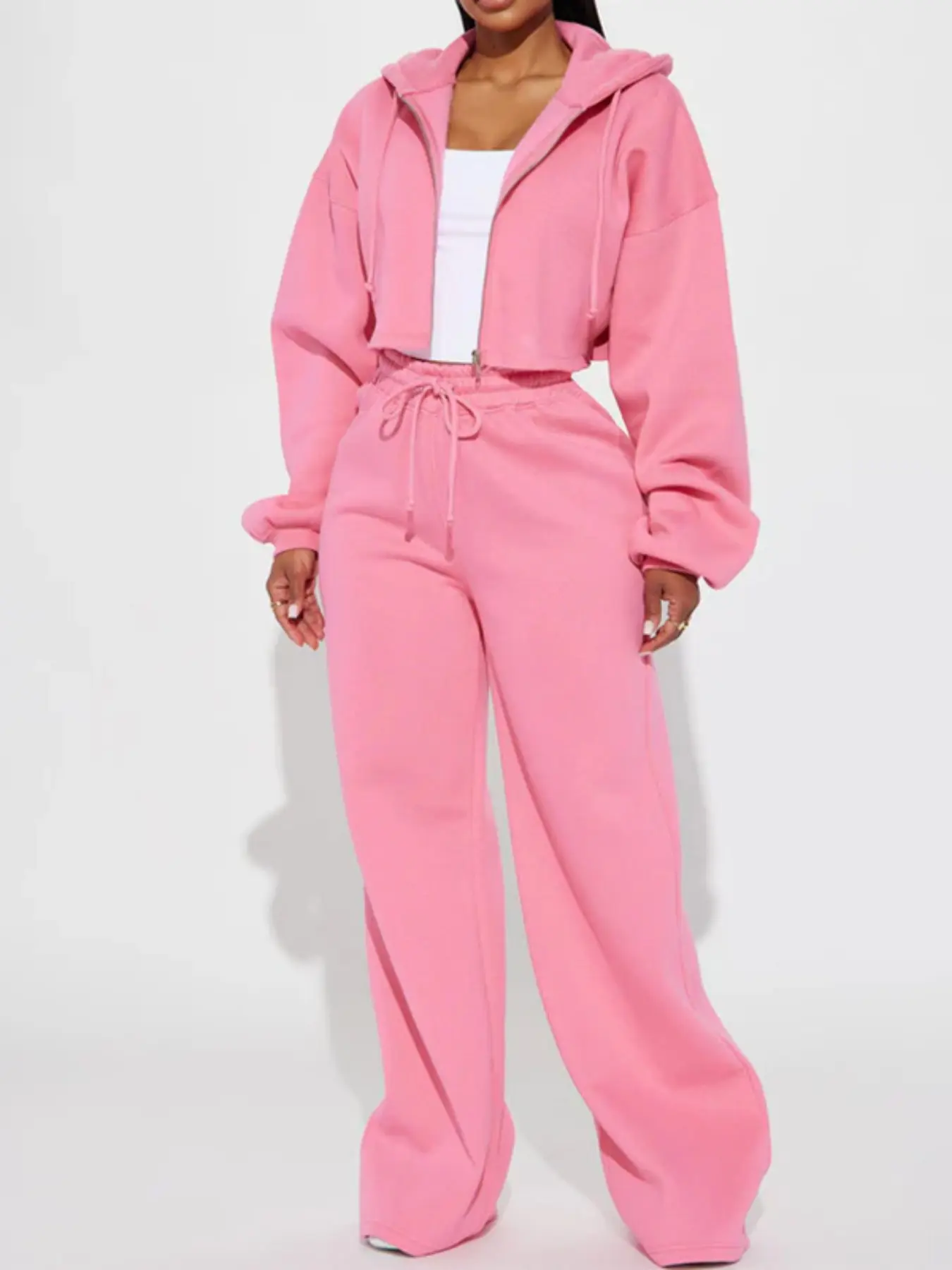 Two-Piece Set, Hooded Zipper Jacket Long Sleeves + Elastic Waist Wide Leg Pants, Casual Fashion, Spring Fall Women's, Home & Party Wear