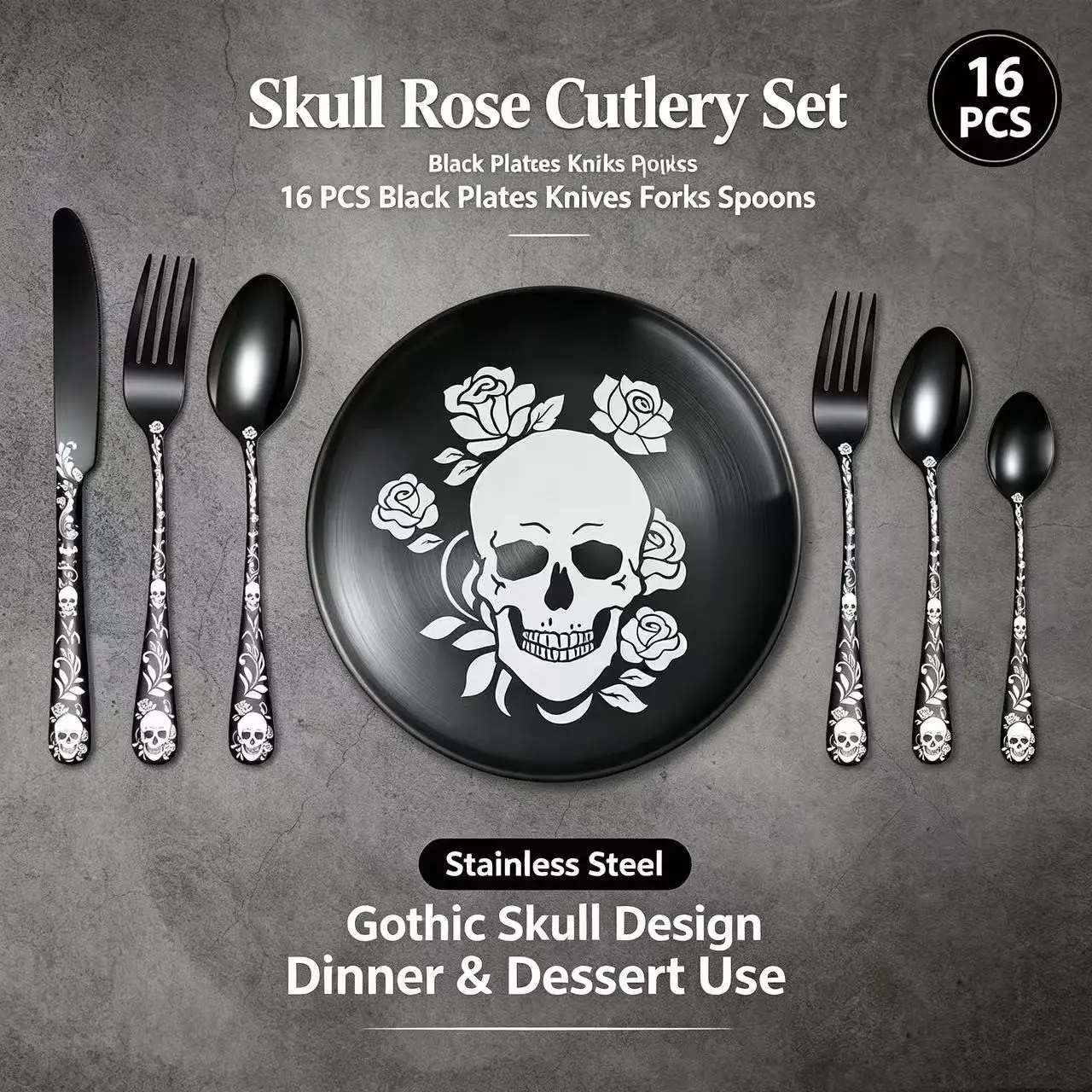 16-Piece Halloween Party Cutlery Set, Skull Pattern Fork Spoon Knife Plate, Festive Tableware for Halloween Celebrations, Unique Dining Essentials, Durable Tableware
