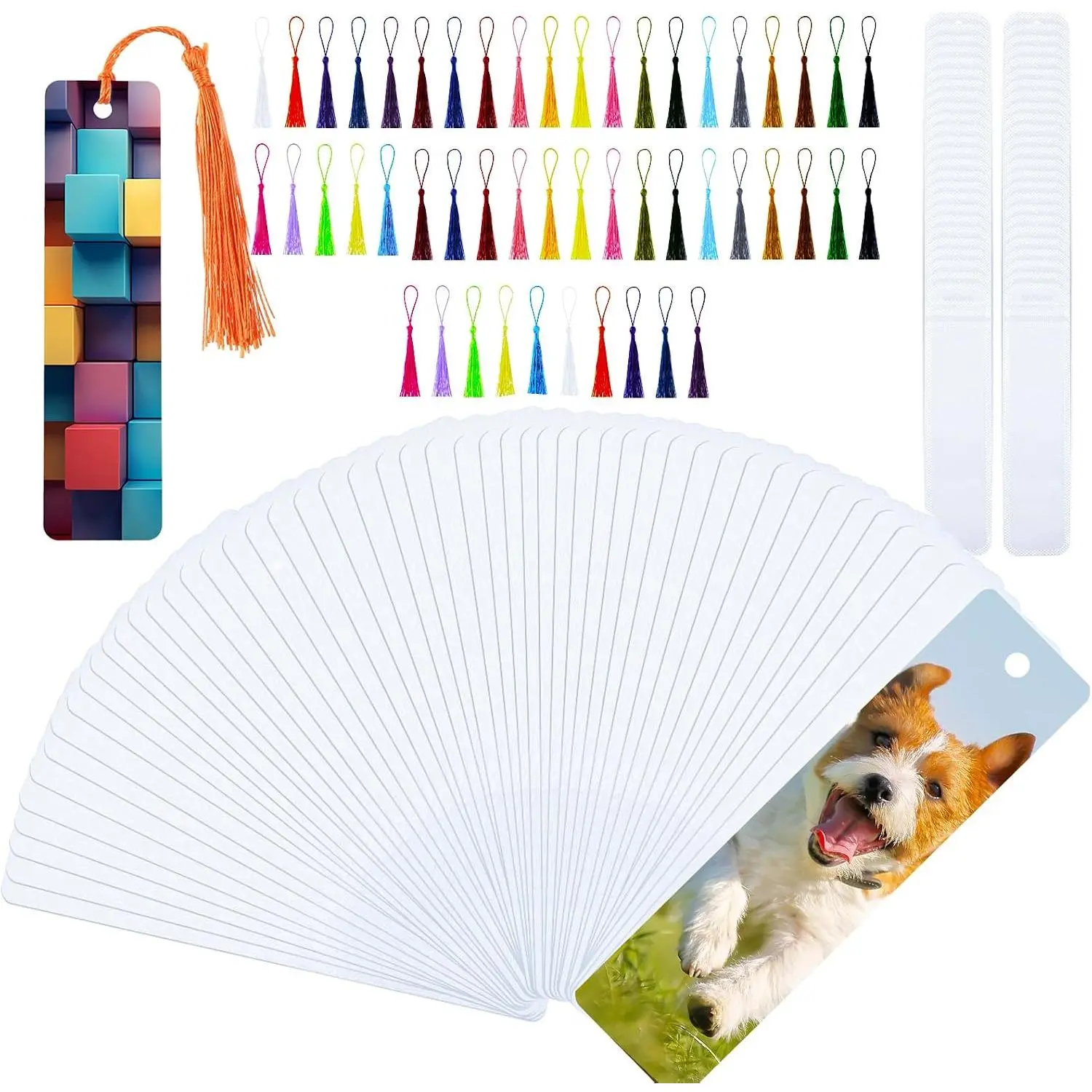 Blank Bookmarks Sublimation Metal Bookmarks DIY Craft Supplies | 50 count Bookmark Set Includes Sublimation Metal Bookmarks, Tassels, Sleeves and Bags, Ideal for Crafts, Gifts and Reading