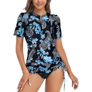 Womens Short Sleeve Rash Guard Shirts UPF 50+ Side Adjustable Wetsuit Swimsuit Top S-XXL(Gift)