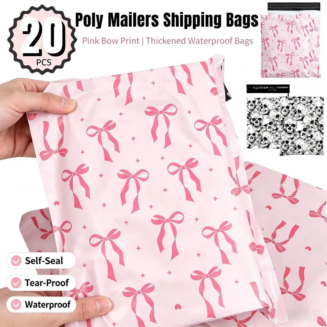 20Pcs Printed Poly Mailers Shipping Bags, 2 Styles Pink Bow / Black White Skull Flower Waterproof Thick Self Adhesive Mailing Bags, Tear Resistant Packaging Envelopes for Clothing Cosmetics Gifts, Small Business Holiday Packaging Supplies