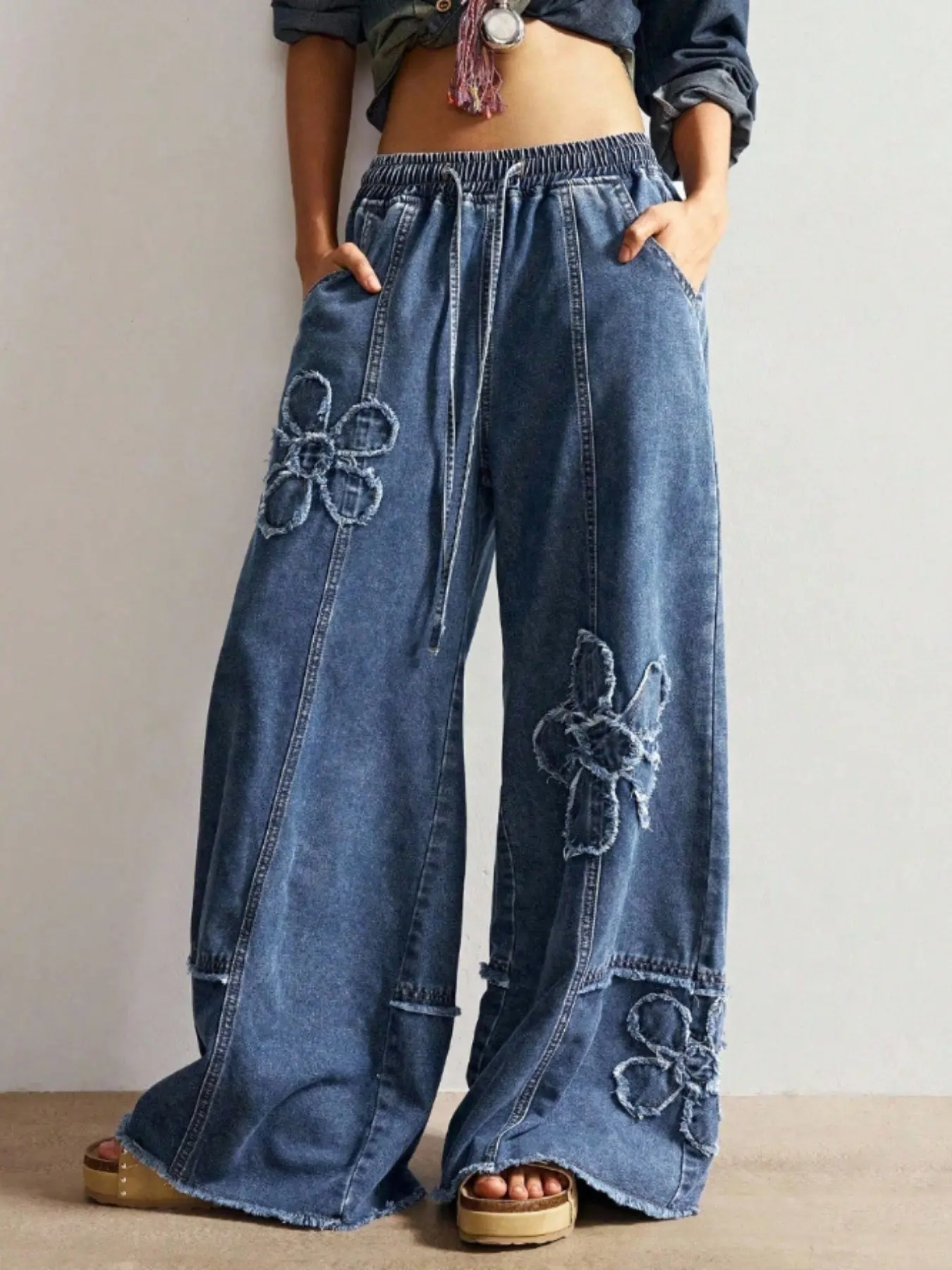 Floral Patchwork Wide Leg Jeans, Drawstring Elastic Waist, Frayed Hem, Loose Fit Denim Long Pants, Trendy Bohemian Women's Fashion