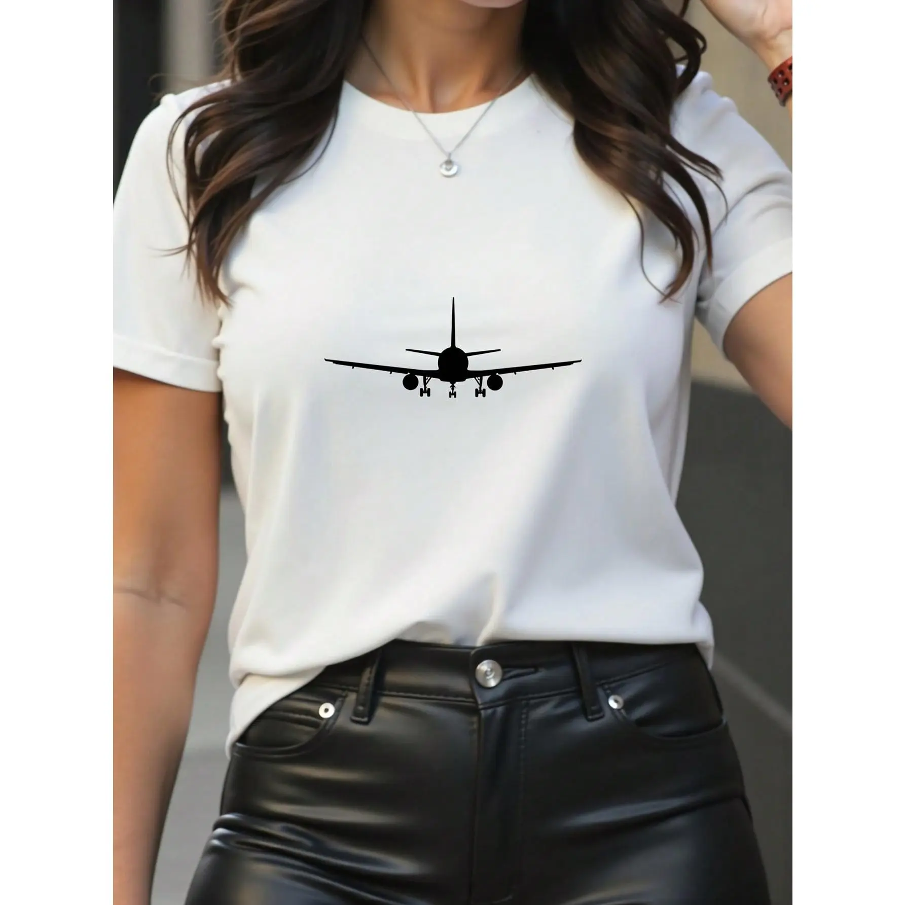 Airplane Print T-Shirt| White Airplane & Airplane Tail Design, Soft Breathable Quick-Dry, Round Neck, Casual For Flight Attendant & Enthusiast, All-Season Fashion Boutique Crew Neck T-Shirt, Gift Slim Shape Men's Moisture Wicking Monaco Club Flag Hoodie