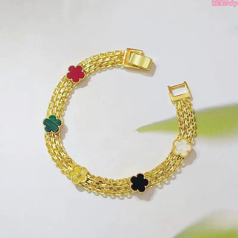 [WER21]Lucky Multi-Color Flower Bracelet - 18K Gold Plated Wide Mesh Chain Bracelet with Vibrant Colored Charms, Non-Tarnish, Adjustable Buckle, Elegant Stackable Jewelry for Women