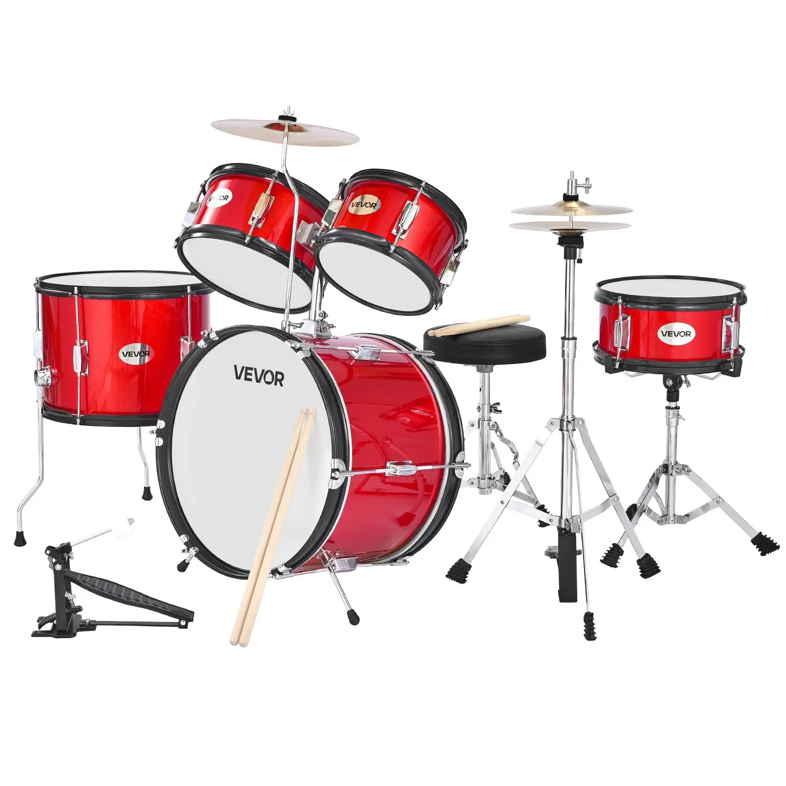 【Summerfinds】VEVOR 16in 5-Piece Junior Drum Set for 6-13 Years Old Beginners, Children's Musical Learning Instrument with Adjustable Throne, Crash Cymbal, 2 Pairs of Drumsticks, 37.15 Lbs / 16.85 Kg (Red) for Energetic Play & Easy Storage