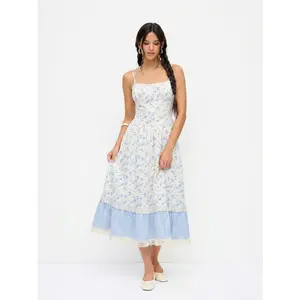 Cider Ditsy Floral Striped Ruched Lace Panel Tiered Cami Maxi Dress Dealsforyou