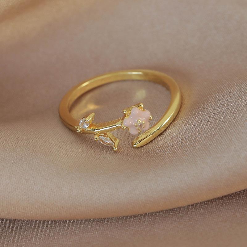 Spring and summer macaron-colored oil-drip flower heart ring with zircon inlay, open niche ring for women, personalized index finger ring
