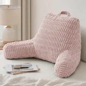 Reading Pillow, Large Backrest Pillow with Shredded Memory Foam for Adult & Children, Designed for Bed and Couch Sitting Up, Includes Arms, Pockets and Washable Cover, Pale Pink