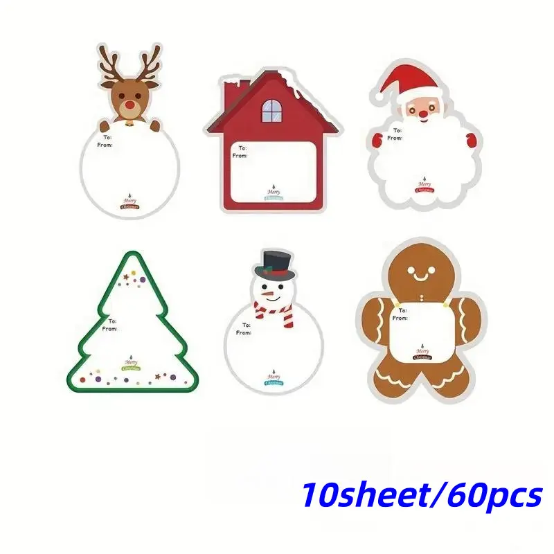 10 Sheets/60pcs Christmas Gift Tags, Self-Adhesive Name Labels, Holiday Theme Stickers, Paper Material, Ideal for Gift Wrapping