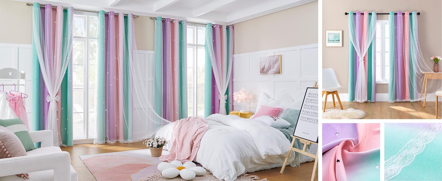 Curtains for Girls Bedroom Decor, Rainbow Blackout Curtains for/Little Girl Room Decor, Unicorn Wall Decals,Pink Purple Green,63 x 34 inches,1 Panel