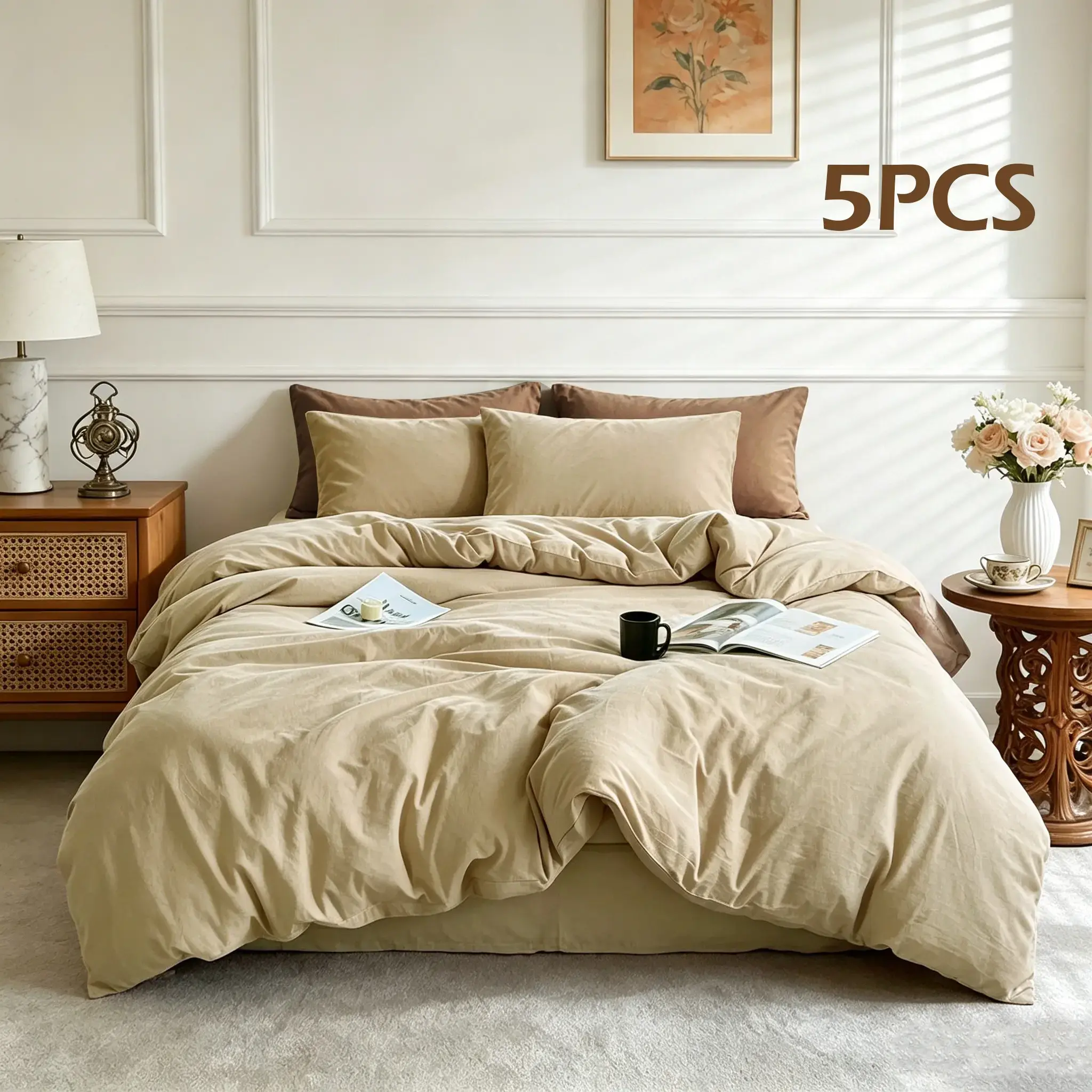 5-Piece Set, 100%25 Ultra-Soft Washable Bedding, Includes 1 Duvet Cover and 4 Pillowcases(no inserts), Queen Size, Vintage Bedroom Decor, Summer New Arrival