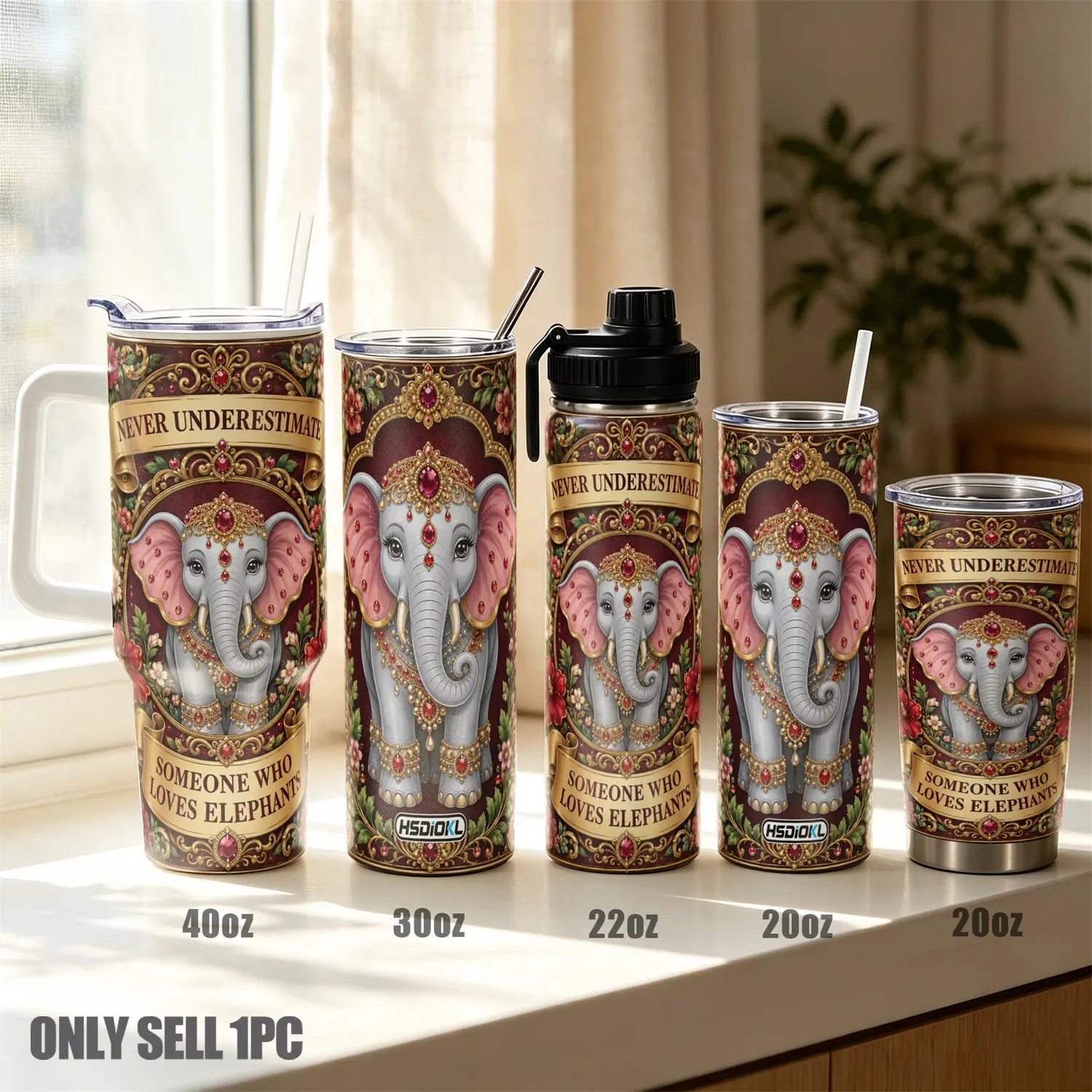 1pc 40oz/30oz/22oz/20oz Stainless Steel Tumbler, UV Print Elephant Pattern Vacuum Insulated Coffee Cup with Leak Proof Lid, Double Wall Sweat Proof Narrow Base Travel Mug, Ideal Birthday/Bridesmaid Gift for Elephant Lovers, Office/Commuter Use, Drinkware