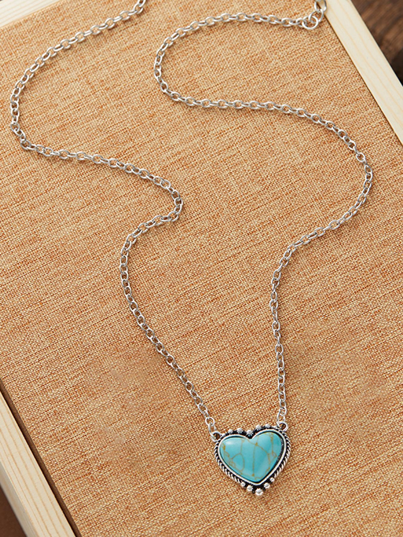 Boho Style Heart Shaped Turquoise Texture Pendant Necklace, Mother's Day Gift, Personality Jewelry for Party, Daily Clothing Decor, Trendy All-match & Exquisite Jewelry for Birthday Gift, Chains Necklace