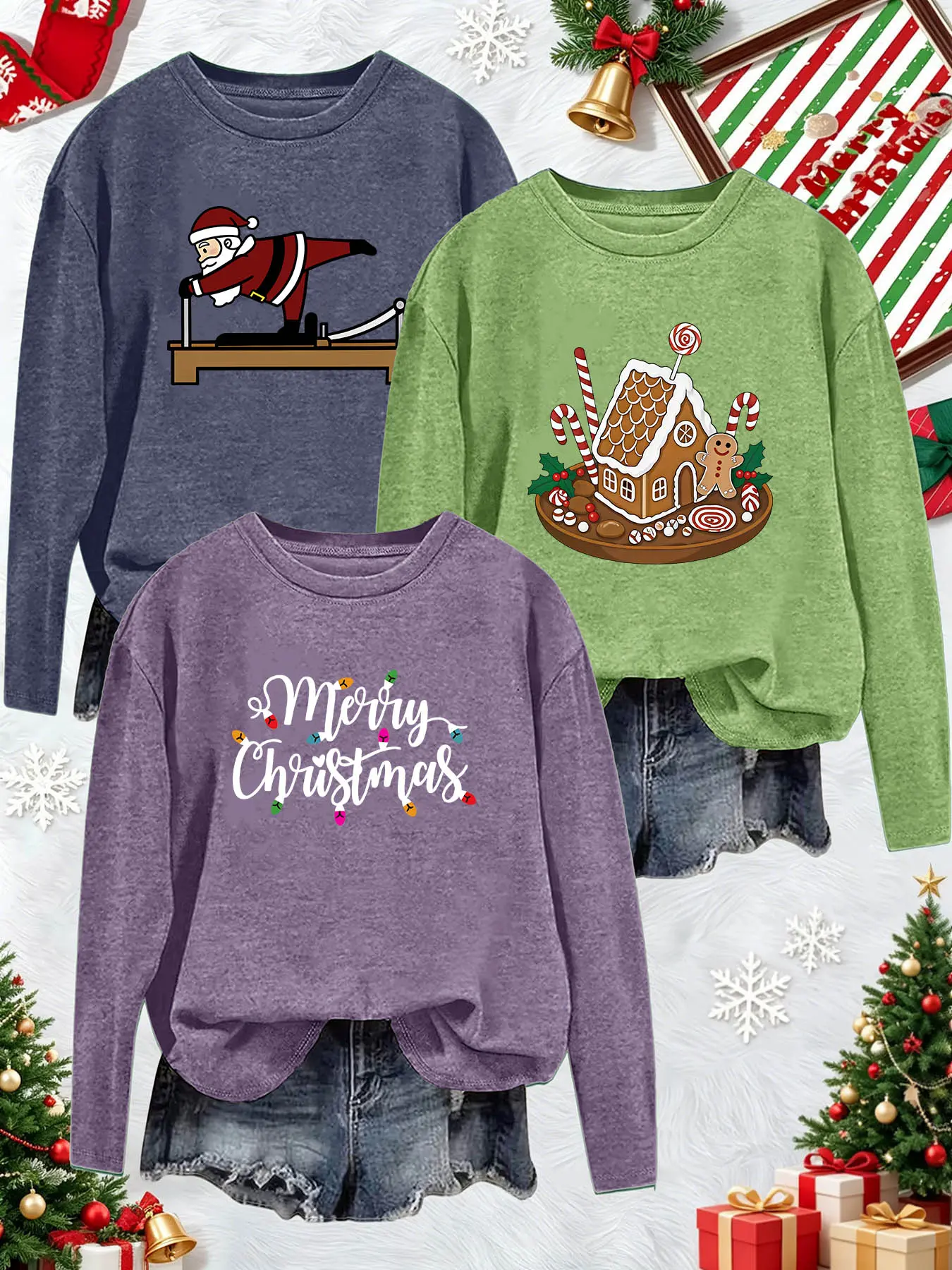 3Pcs Women Crew Neck Long Sleeve T-Shirt, Ski Santa Gingerbread House Handwritten Christmas Fun Print, Multi-color Washable Spring Autumn Top, Soft Skin-friendly Fabric Daily Versatile Fashion Design