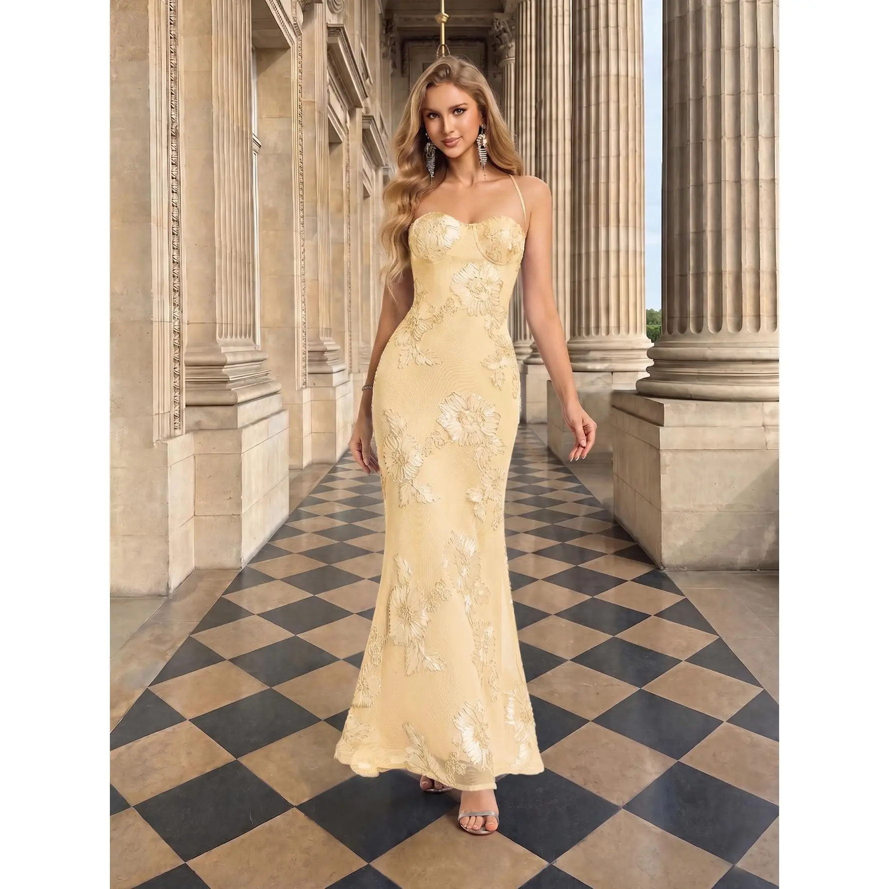 Elegant Pale Yellow Spaghetti Strap Floral Lace Mermaid Maxi Dress For Women, Slim Bodycon Mesh Formal Evening Gown, Lightweight Flared Sheer Soft Fabric For Wedding Guest Cocktail Prom