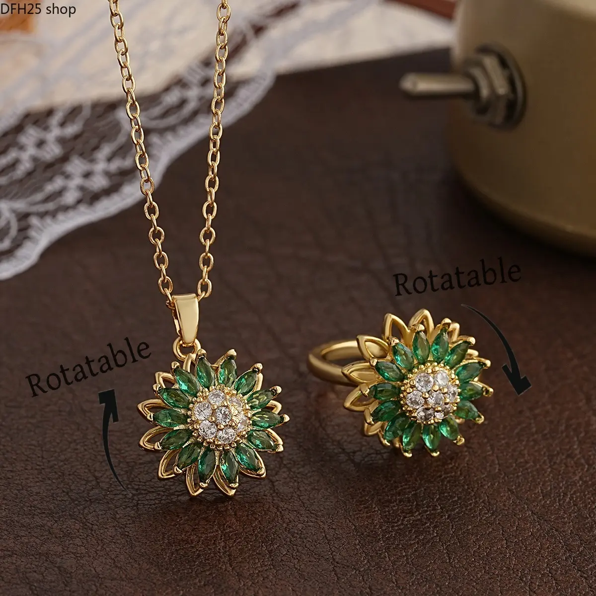 Rotatable Flower Pendant Necklace And Open Ring Set for Women, Colorful Zircon Floral Jewelry With 360° Spinning Design, Gold Tone Adjustable Finger Ring And Matching Chain Necklace, Elegant Daily Wear Fashion Accessories Gift