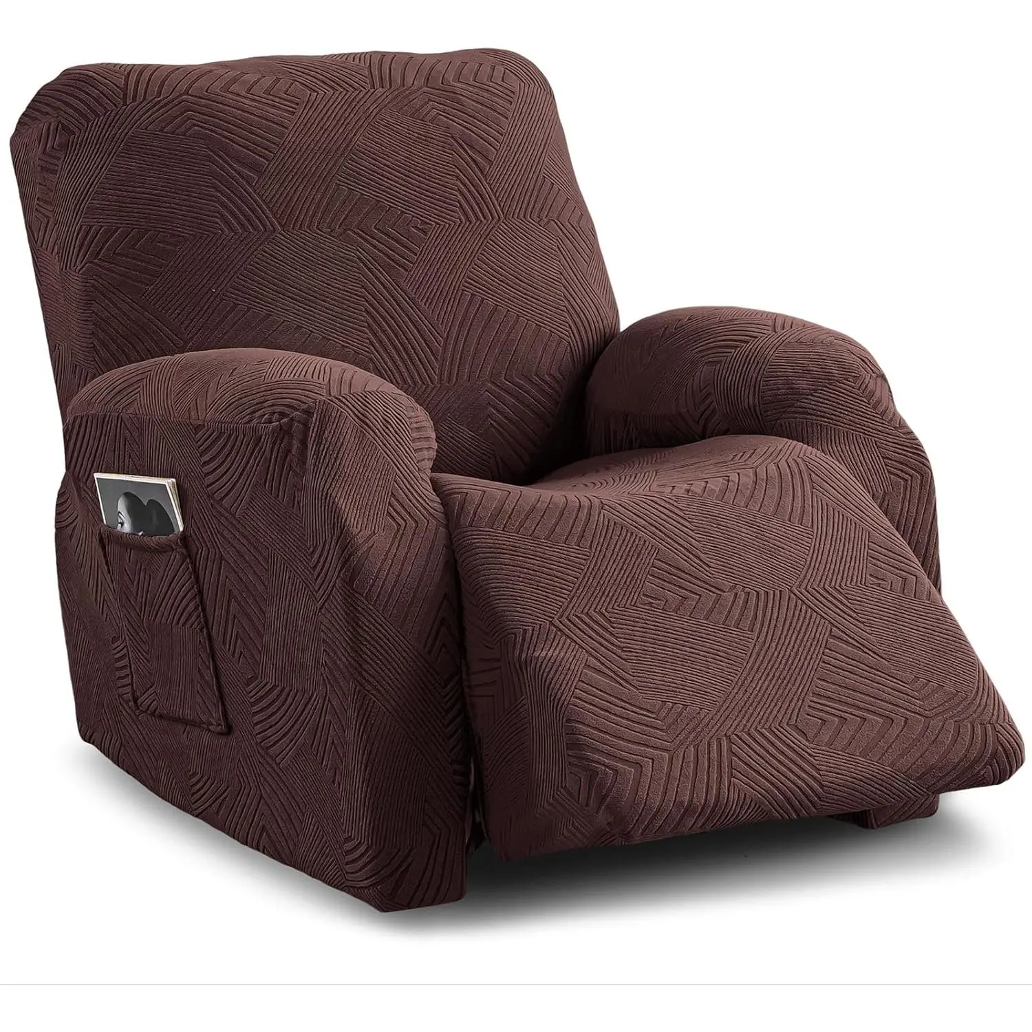 Polyester Spandex Modern Geometric Print Recliner Chair Cover - 4-Piece Stretch Furniture Protector with Side Pocket, Soft Breathable Pet-Friendly Slipcover, Chocolate Color 1