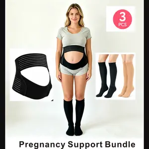 3PCS Pregnancy Support Bundle Belly Band with Closed Toe Compression Socks (Black & Nude)