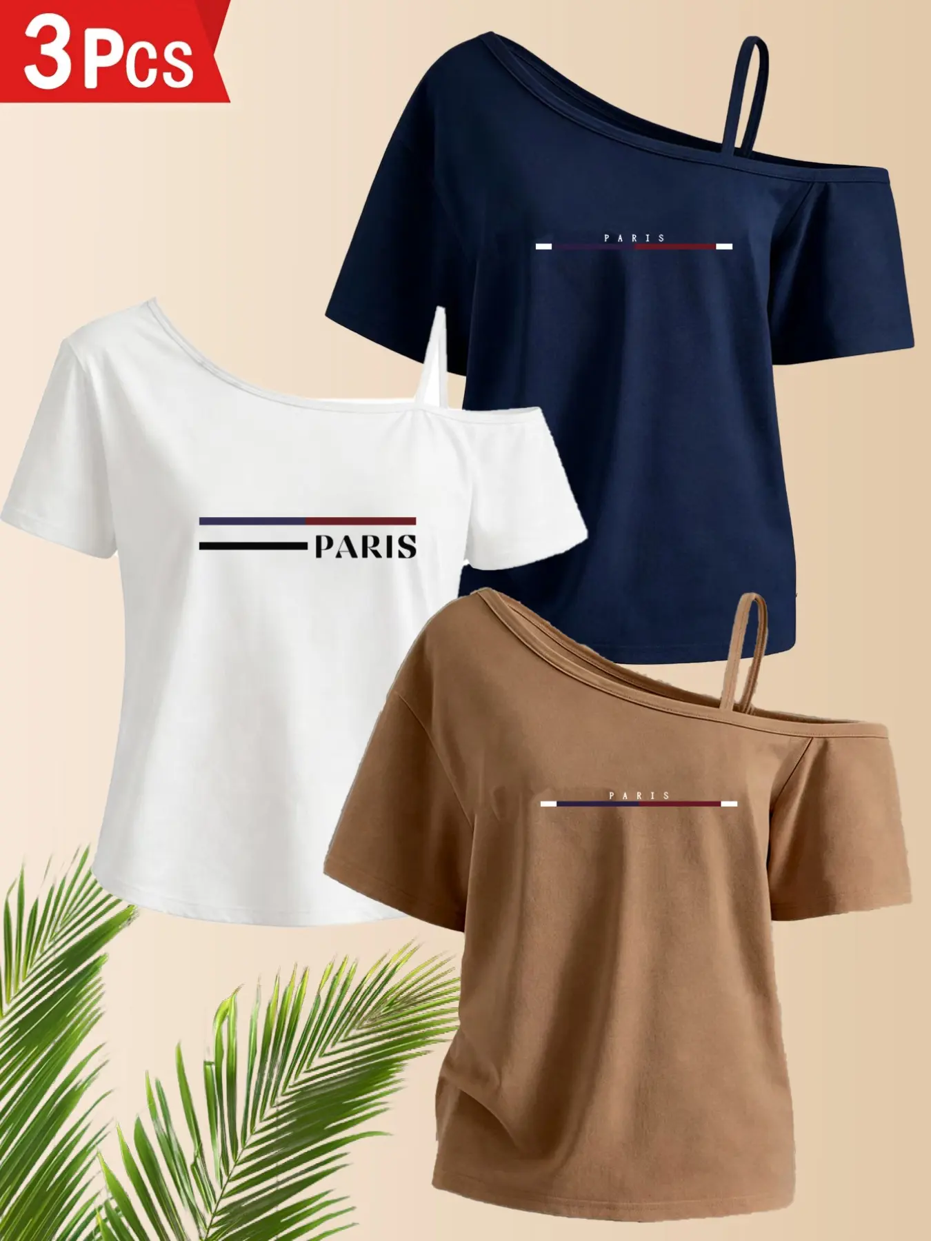 3-Pack Asymmetrical Neck Halter Top Women's Short Sleeve T-Shirt, Paris Letter Print Fashion Top, Spring Summer Daily Wear