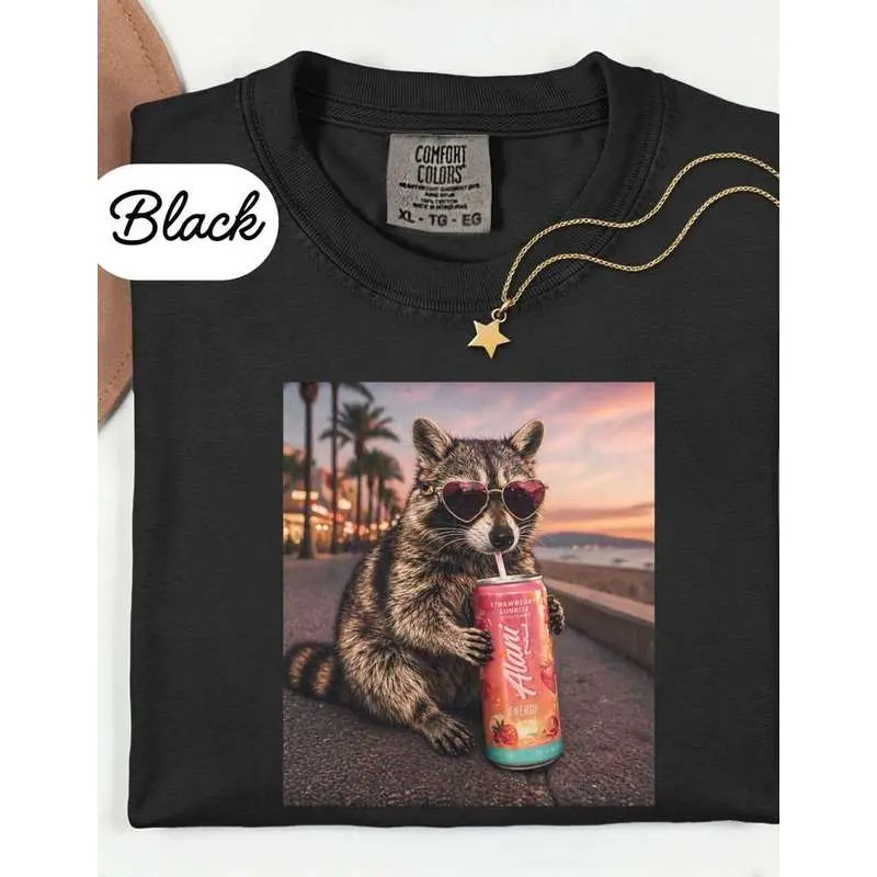Alani Raccoon Drink Graphic T-Shirt, Fun Animal Lover T-Shirt, Fun Meme Genz Dank Raccoon T-Shirt, Women's Size Label Ready-To-Wear.