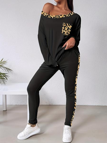 A 2-piece set of women's fashionable slanted shoulder collar leopard print long sleeved shirt and lace up pants, suitable for daily versatile occasions and home sports wear