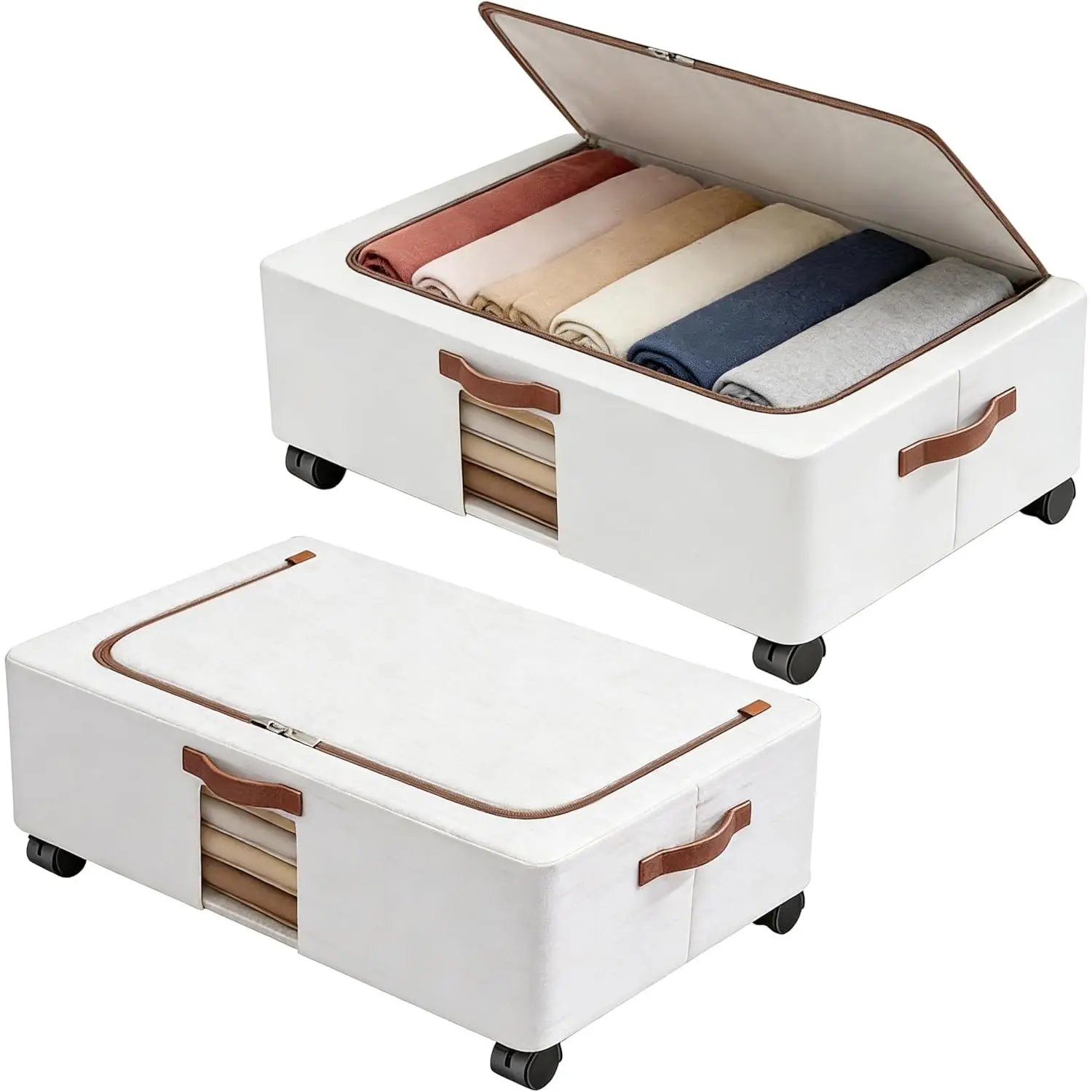 Under Bed Storage Organizer with Wheels - 2 Pack Large Foldable Underbed Drawer with Handle Side Clear Zipper   Storage Bin  Shoe Cloth Container for  Bedroom  Dorm