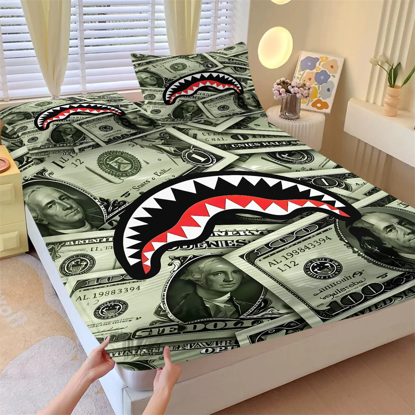 Dollar Bill Shark Mouth Print Fitted Sheet Set, 1 Bed Sheet + 2 Pillowcases, Retro Green Dollar Stack & Jagged Teeth Shark Mouth Design, Comfortable Deep Pocket, Teen/Hypebeast Bedroom Dorm Gaming Room Decor Bedset