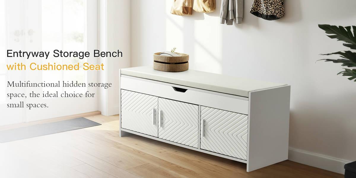 Entryway Storage Bench, Shoe Storage Bench with Cushioned Seat & Hidden Compartments, Shoe Cabinet Bench for Bedroom, Hallway, and Compact Spaces, Light Gray Entryway Storage Bench, Shoe Storage Bench with Cushioned Seat & Hidden Compartments, Shoe Cabinet Bench for Bedroom, Hallway, and Compact Spaces, Light Gray