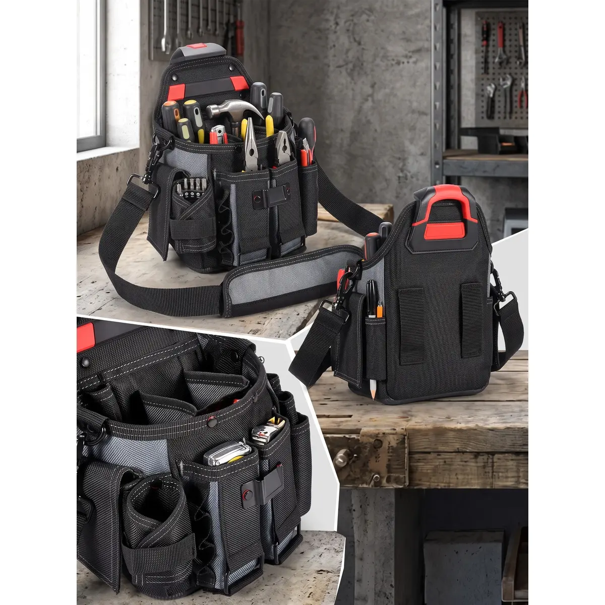 Heavy Duty Electrician Tool Belt Bag with Quick-Release Clip, Waterproof Oxford Multifunctional Hardware Storage Pouch, Removable Shoulder Straps for Construction Tradesmen