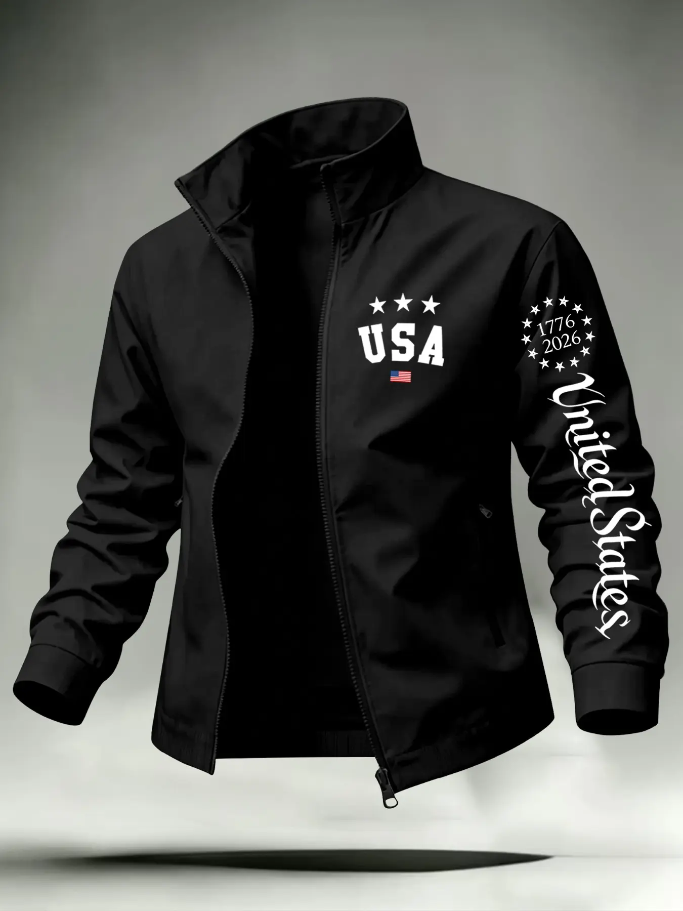 Men Stand Collar Full Zip Zip Up Jacket USA Star Flag 1776-2026 United States Cursive Letter Chest Sleeve Dual Position Print Slim Fit Patriotic Outdoor Casual Coat For Holiday Daily Travel Outfit#PatrioticUSZipJacket #1776StarFlagPrintCoat #viraloutfits