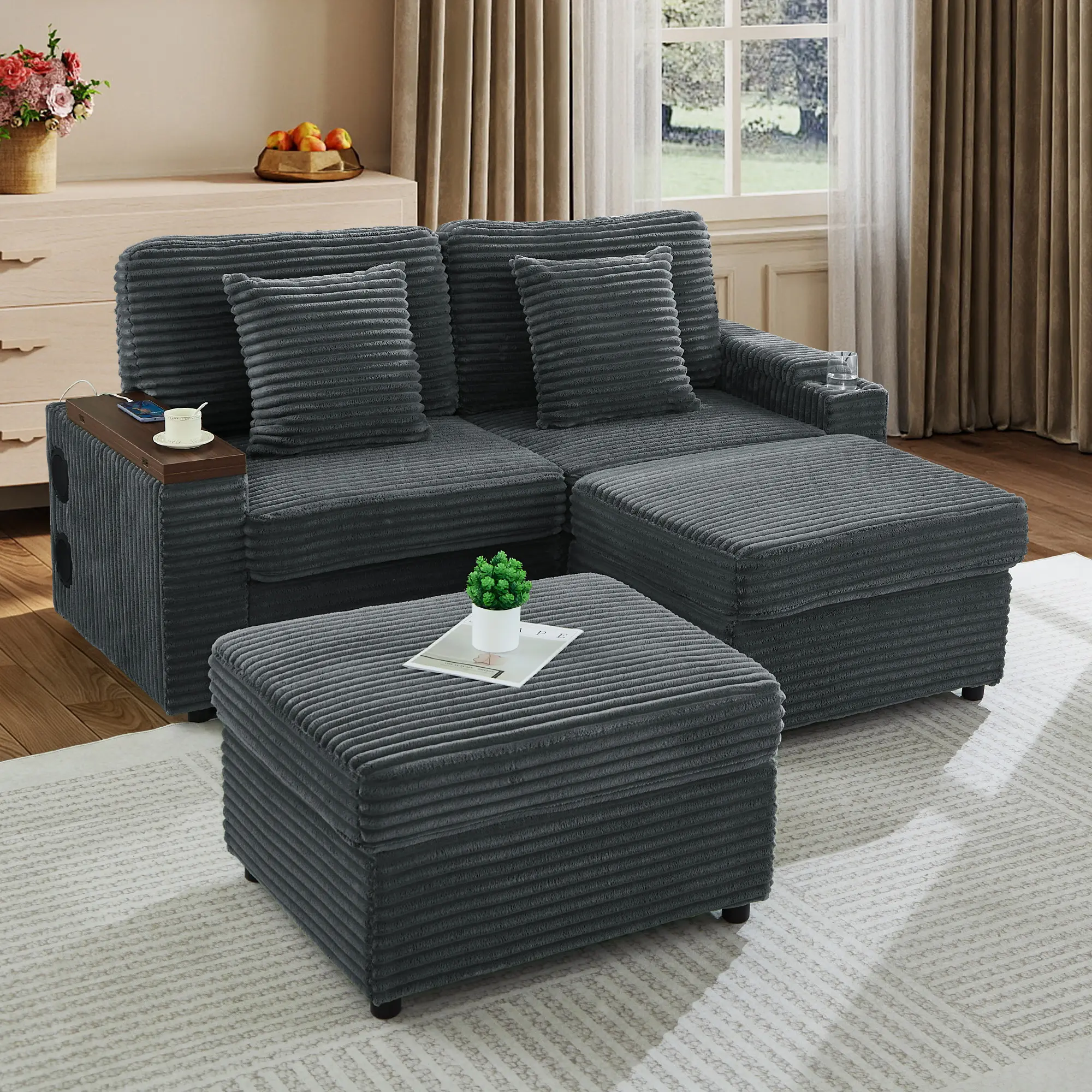 Gray Corduroy Double Chaise Lounge Modern Couch - 2-in-1 Comfy Padded Cuddle Furniture, Indoor Seating Couch, Living Room Sofa with 2 Storage Ottomans, Cup Holders, USB Port, Bluetooth Speaker, Hidden Swivel Table for Living Room, Bedroom