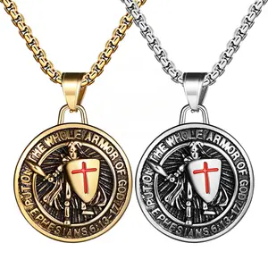 Men's Saint Michael Archangel Religious Symbol Necklace - Gold-Plated Stainless Steel Shield & Sword Pendant, Catholic Protective Amulet, Gothic Punk Jewelry with Lucifer Pagan Elements, Male Courage Gift, Men's Accessories summerw,summerw,sum