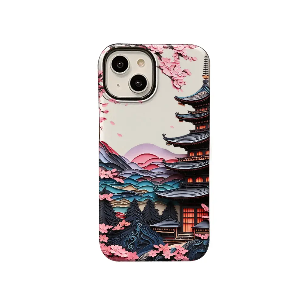Cherry Blossom Pagoda Papercut Phone Case，Oriental Layered Art Style for iPhone 17 16 15 14 13 12 11 Plus Pro Max, Elegant Art Gift.