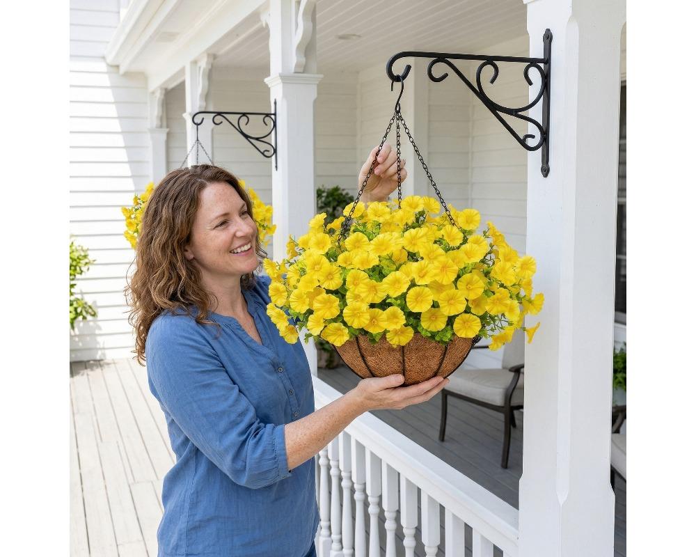 2pcs Artificial Hanging Basket with Morning Glories Faux Flowers in Coco Fiber Liner and Iron Frame Multi-Color Decorative Plant for Balcony, Porch, and Yard Lightweight and Easy to Hang Design Available in Multiple Vibrant Colors