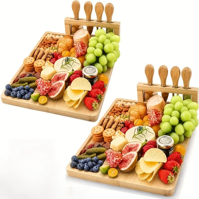 Wood Cheese Board Set-Charcuterie Sets, Cheese Tray, Appetizer Board And Meat Platter with 4 304Stainless Steel Cheese Knives, Easy to Carry, Perfect for Wedding Gifts, Christmas Birthday Parties, Halloween Gifts