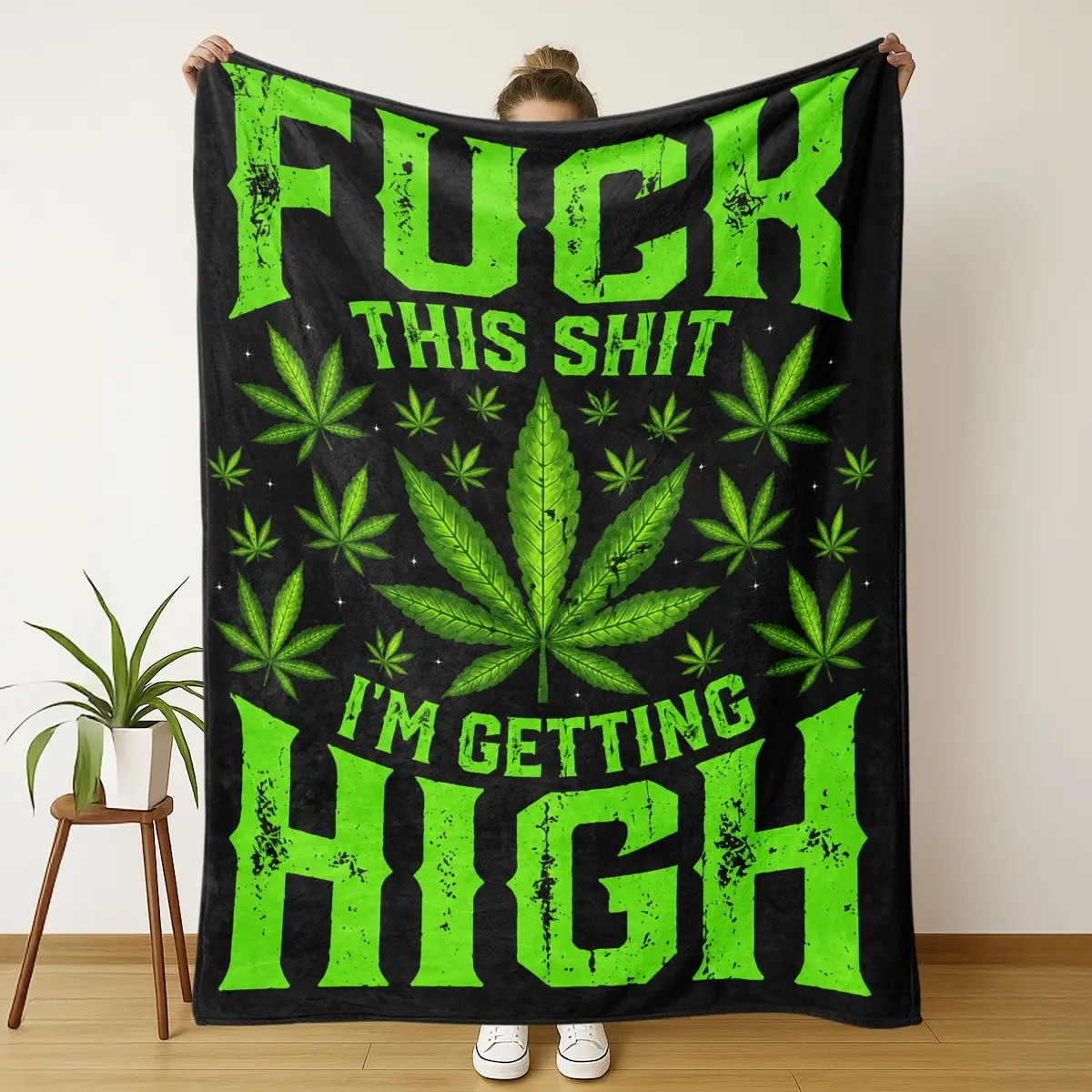 Funny Cannabis Leaf Print Flannel Throw Blanket - 420 Stoner Quote, Soft Cozy Modern Home Room Decor Blanket for Sofa Bed, Adult Humor Gift, Flannel Fabric