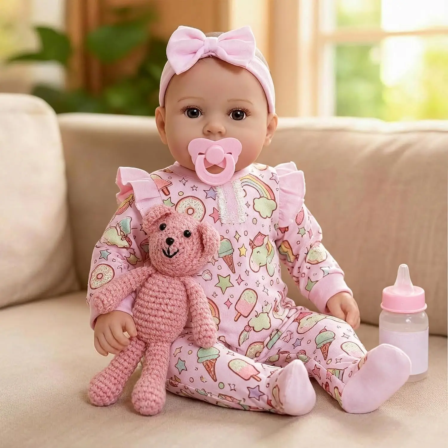 17 Inches Large Realistic Baby Doll with Cute Soft Body, Real Life Baby Doll Girl, with Bottles & Pacifier, Diapers and Bibs, Gift Idea for Ages 3+