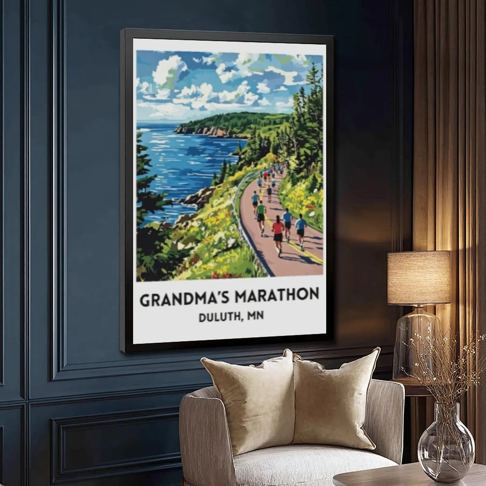 Grandma's Marathon Duluth Minnesota Vintage Travel Poster - Minimalist Lakeside Run Canvas Wall Decor, Wood Frame Art Print, Lake Superior North Shore Landscape for Gym, Bedroom