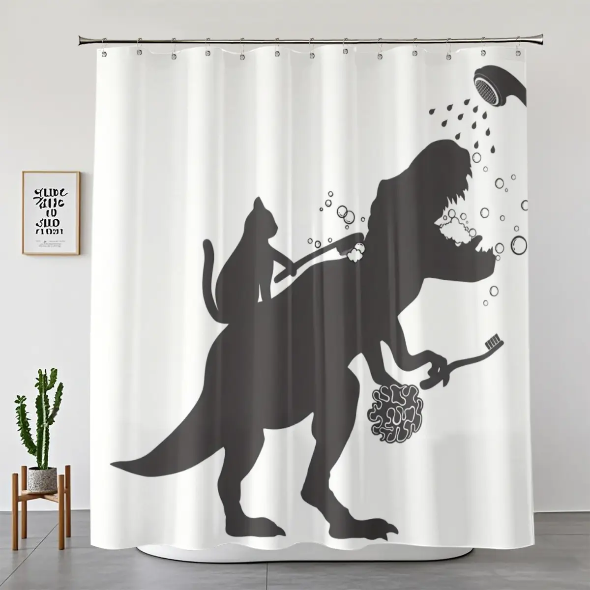 Kids Animal Print Bathroom Decor Set (T-Rex Dinosaur & Cat) - 1-4 Piece Set with Waterproof Shower Curtain Panels, Non-Slip Mat, Toilet Cover Accessory, Black & White Restroom Supplies