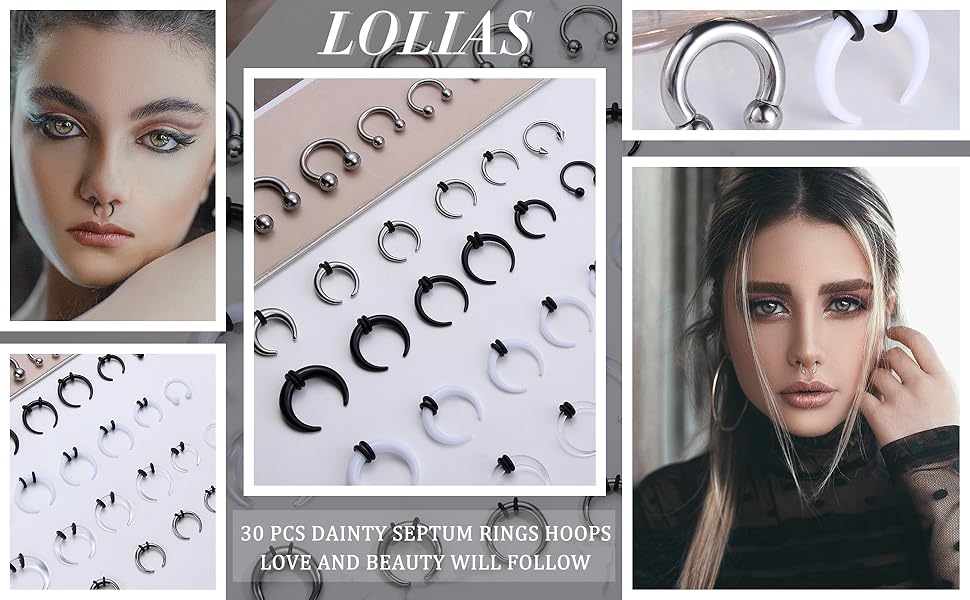 LOLIAS 16G-6G Septum Pincher Tapers Rings Acrylic Stainless Steel Internally Threaded Spike Horseshoe Barbells Septum Pincher Nose Ear Cartilage Stretching Kit for Women Men