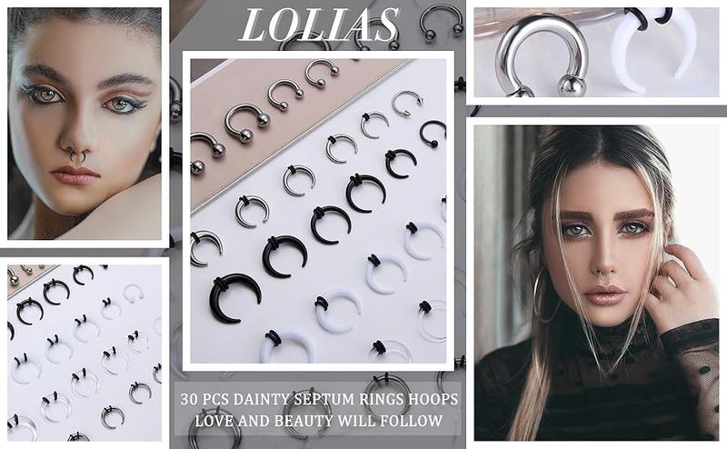 LOLIAS 16G-6G Septum Pincher Tapers Rings Acrylic Stainless Steel Internally Threaded Spike Horseshoe Barbells Septum Pincher Nose Ear Cartilage Stretching Kit for Women Men