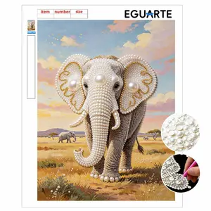 DIY Pearl Painting Kit, Frameless Canvas with Adhesive, Elephant Design, Stress Relief Craft, Home Wall Art, Mosaic Jewelry Gift