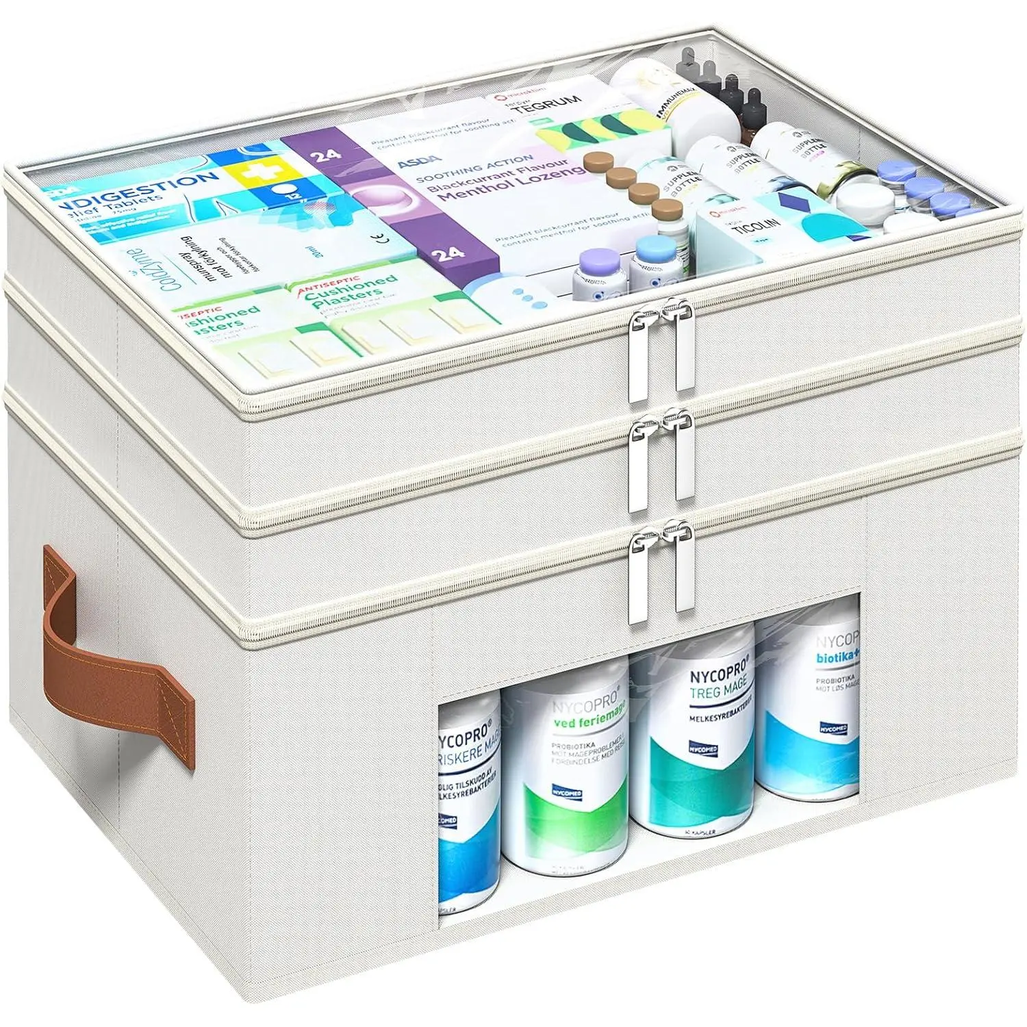 3-Tier Medicine Organizer for Cabinet, Foldable Medicine Storage Box with Clear Cover and Leather Handle, Empty First Aid Kit for Home and Travel