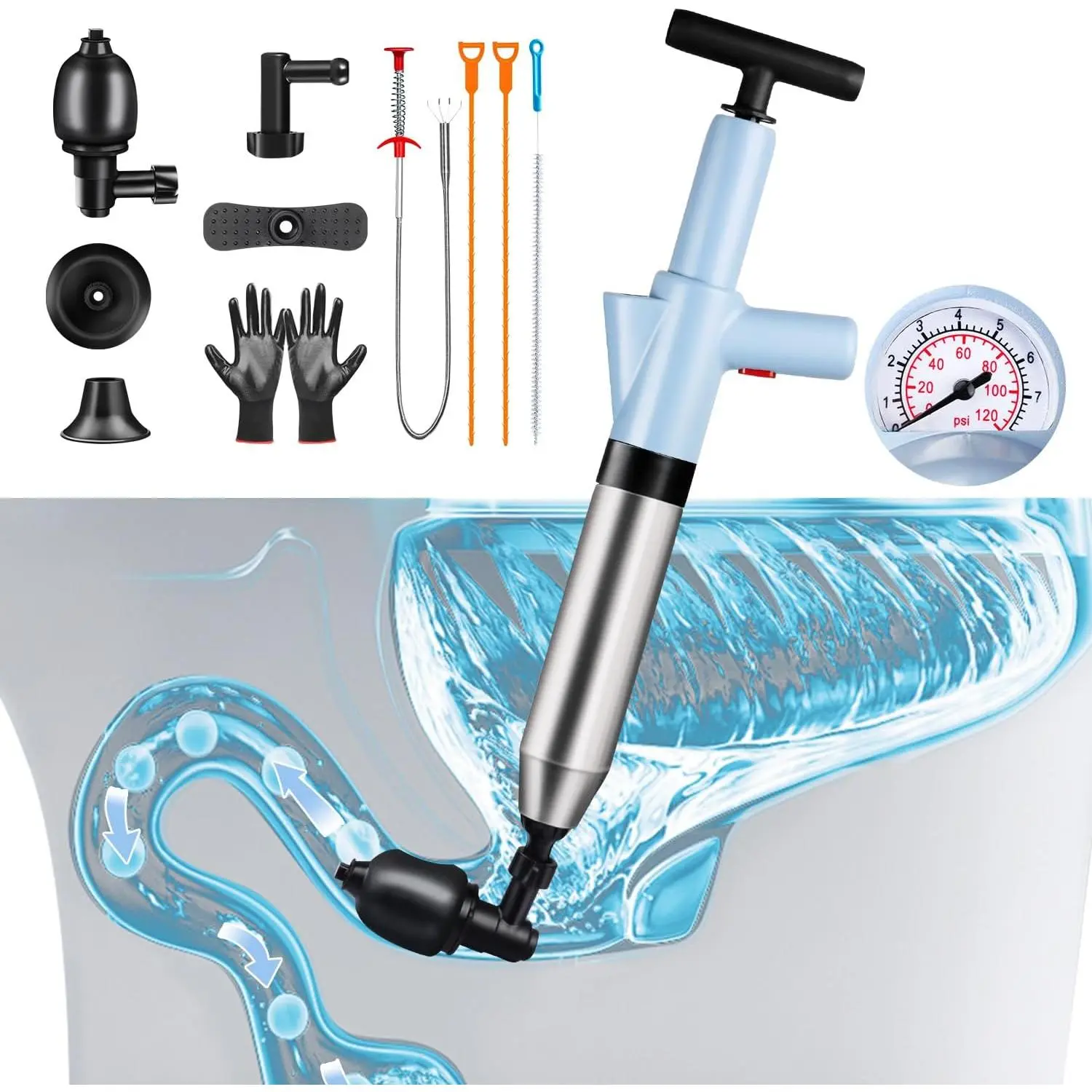 Toilet Plunger High  Air Drain Blaster, Convenient and Efficient Toilet Clog Removal, Heavy Duty Clog Remover Tool, Unclog Toilet, Multiple Accessories for Toilet Destapador De Inodoro