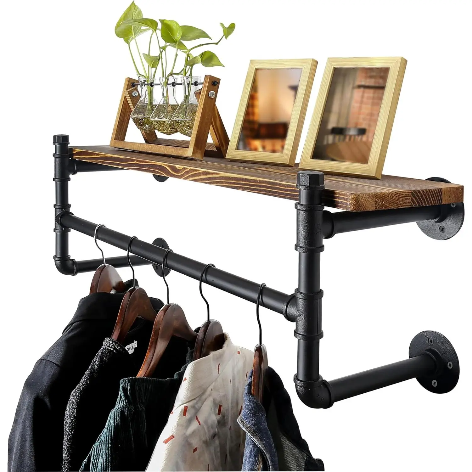 Wall Mounted Clothes Rack with Shelf,24" Industrial Pipe Clothing Rack with Shelves,Heavy Duty Iron Garment Bar,Retail Display Clothes Rod for Laundry Room,Black