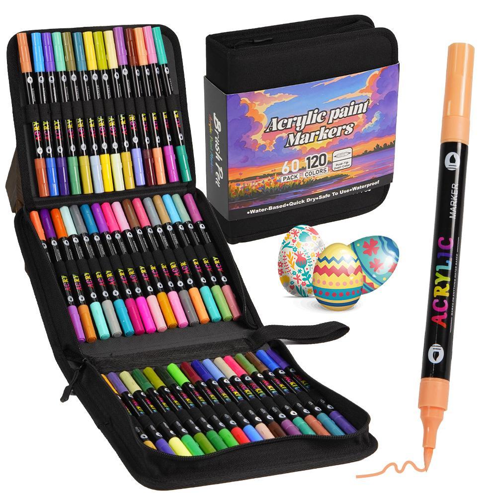 120-Color Acrylic Paint Marker Set, 60pcs Acrylic Paint Marker Pens with 2 Brush Heads, Creative Coloring Markers for Rock, Wood, Canvas, Stone and Fabric, Art Supplies, Art Materials, Artist Bundle, Acrylic Art Kit, Art Drawing Supplies