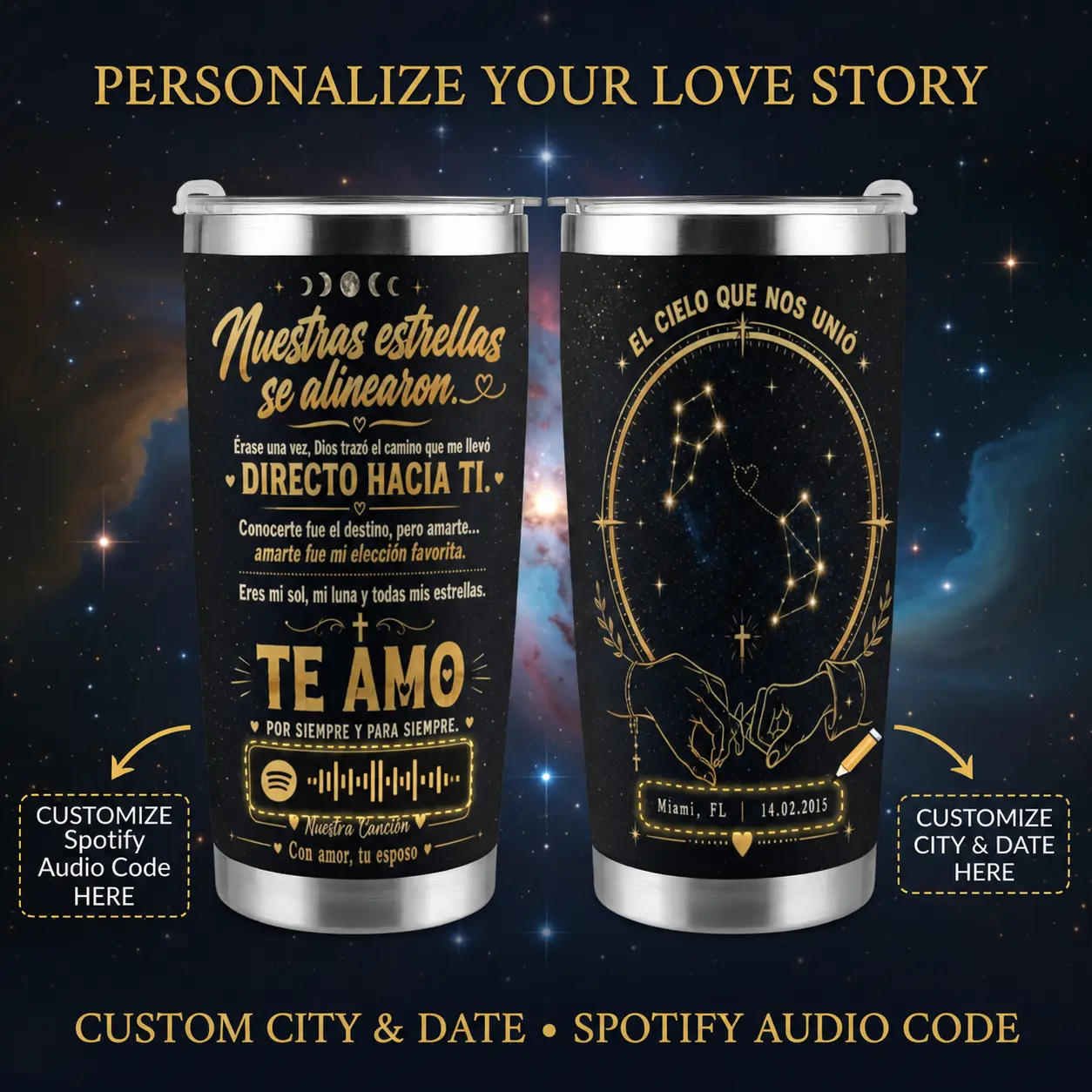 Custom Personalized 20oz Insulated Stainless Steel Tumbler, Spanish Te Amo Romantic Star Constellation Travel Cup, Custom Spotify Code, Anniversary Date & Location Engraved Design, Wedding Anniversary Gift For Husband Wife
