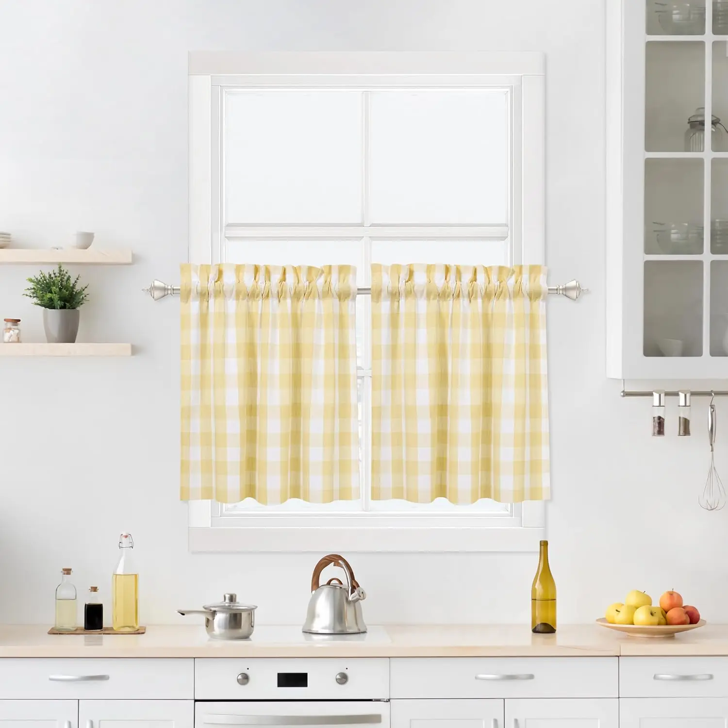 Yellow/White Gingham Tiers Curtains - 28"x24" Yellow Buffalo Plaid Rod Pocket Farmhouse Cafe Curtains, 24in Short Half Window Drapes for Kitchens, Set of 2, Tiers Yellow White