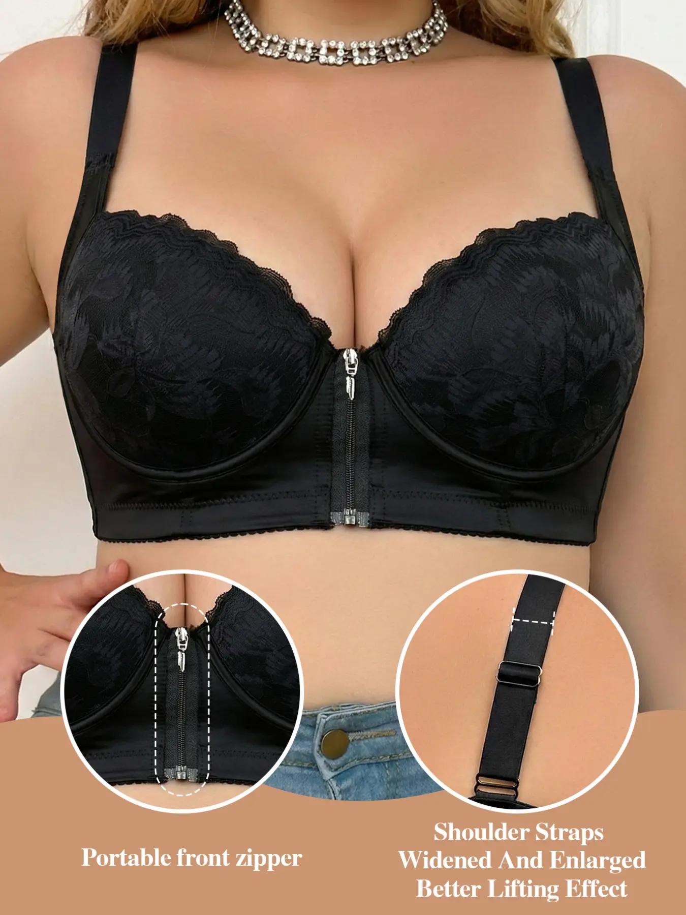 Women's Plus Size Front Zip Lace Adjustable Bra, Adjustable Wide Straps,Wide Band And Side Bust Support，Full Coverage Minimizer Bra, Comfortable Fashion Lingerie for Daily Wear